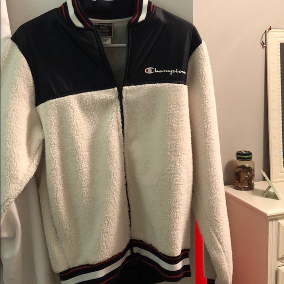 champion cream sherpa baseball jacket
